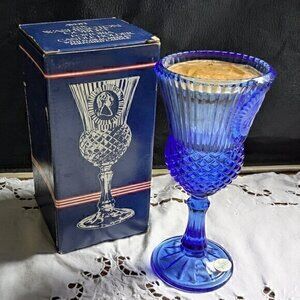 Vtg. Avon 'Washington Goblet' Blue Fostoria Glass Candle Holder w Original Box